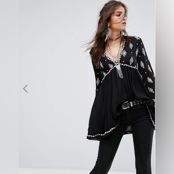 Free People Diamond Embroidered Smock Top Long Sleeve Whimsigoth Size Small - Picture 1 of 12